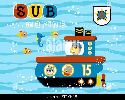 vector cartoon of funny bear and rabbit on submarine undersea with marine animals Stock Vector