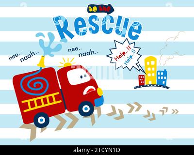 Funny fire truck cartoon in duty on striped background Stock Vector