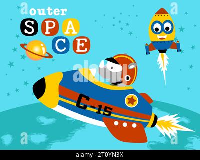 vector cartoon of rhino on spaceship journey to space with funny rocket Stock Vector