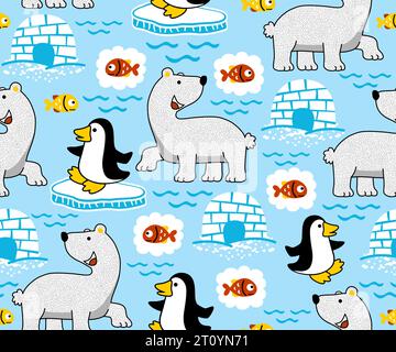 seamless pattern of polar bear, penguin and fishes Stock Vector