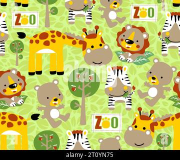 seamless pattern vector with cute animals on leaves background, jungle element cartoon Stock Vector