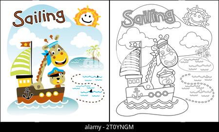 Vector cartoon of funny giraffe with bear in sailor cap on sailboat, sailing elements illustration, coloring book or page Stock Vector