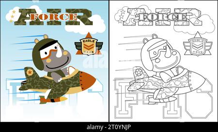 Vector cartoon of Rhino on military plane, coloring book or page Stock Vector