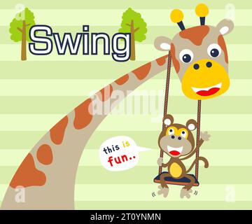 Vector illustration of cartoon monkey playing swing in giraffe's neck Stock Vector