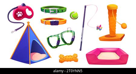 Pet shop goods isolated on white background. Vector cartoon illustration of color toys accessories for cats and dogs, walking leashes, wigwam house with bed, claw scratcher, ball for playing, training Stock Vector
