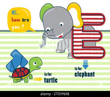 Vector illustration of cute animals with it names, funny elephant and turtle with letter Stock Vector
