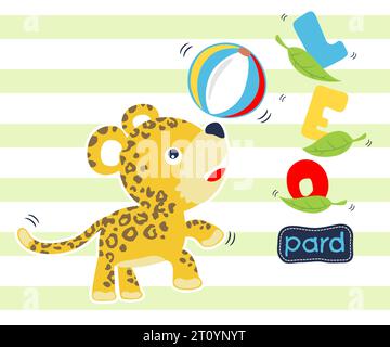 Vector illustration of funny leopard cartoon playing ball on striped background Stock Vector