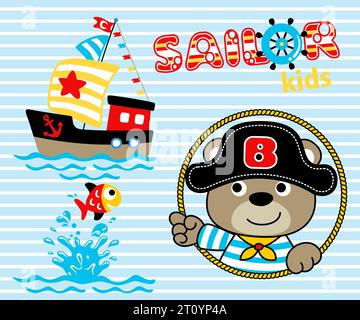 Pirate elements with cute bear in pirate costume. Vector cartoon illustration Stock Vector