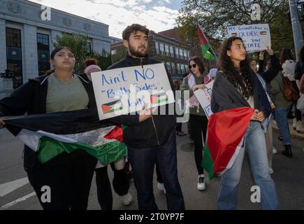 Cambridge, Massachusetts, USA  October 9, 2023  Supporters of Palestinians living in Gaza marching through the streets of Cambridge, protesting IsraelÕs bombing and blockade of Gaza. The rally was attended by about 250 people.  A competing pro Israel was held across the street.      (Rick Friedman ) Credit: Rick Friedman/Alamy Live News Stock Photo