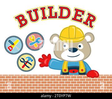 Funny bear cartoon in builder costume with tools. Vector cartoon illustration Stock Vector