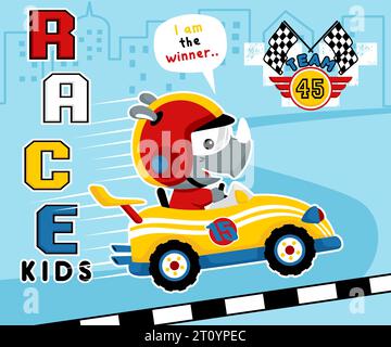 Vector illustration of cute rhino on race car. Car racing element cartoon Stock Vector