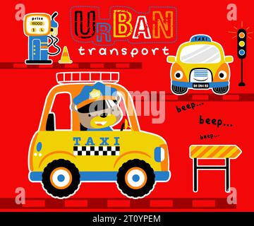 Vector illustration of bear driving taxi, traffic elements cartoon Stock Vector