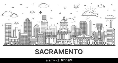 Outline Sacramento California city skyline with modern and historic buildings isolated on white. Vector illustration. Sacramento USA cityscape. Stock Vector