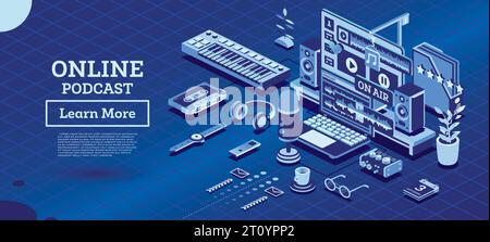 Online Podcast or Radio Show. Vector Illustration. Isometric Music Concept. Recording Equipment. Microphone, Laptop, Headphones, Mixer and Midi Keyboa Stock Vector