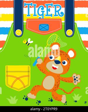 Leopard hunting a bee with fish net in kids apparel pattern Stock Vector