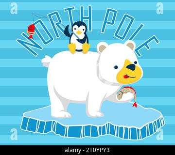 Cartoon of penguin sitting on polar bears back, animals fishing on ice chunk Stock Vector