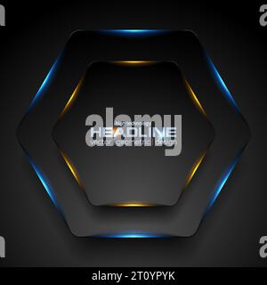 Black hexagon with blue orange neon light abstract background. Vector tech glowing corporate design Stock Vector