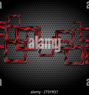 Glossy black and red hi-tech geometric squares. Metallic perforated texture. Abstract technology background Stock Vector