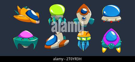 Fantastic ufo spaceships for video game. Cartoon vector illustration set of flying futuristic cosmic alien spacecrafts for gui. Scifi funny shuttle and vehicle for space travelling and exploration. Stock Vector
