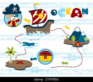 Pirate elements cartoon with funny bear in pirate costume Stock Vector