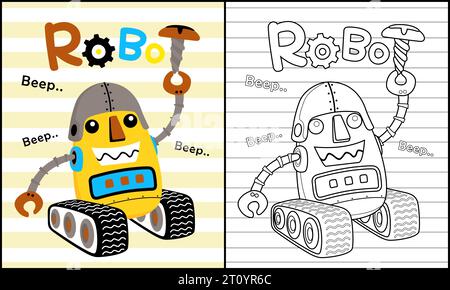 Coloring book of funny robot cartoon on striped background Stock Vector