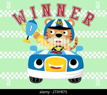 Cute tiger in racer costume holding trophy on funny race car Stock Vector