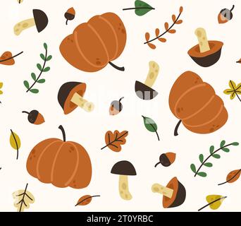 Seamless vector autumn pattern: pumpkin, acorns, forest mushrooms and autumn leaves. Elements for design. Stock Vector