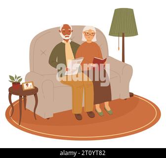 Happy modern multinational senior couple of black-skinned man and white-skinned woman reading together on the sofa. A couple of old people in a cozy h Stock Vector