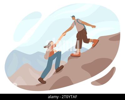 Happy travelers climb mountains. The concept of helping and teamwork in hiking. Vector illustration isolated on a white background. Design element for Stock Vector