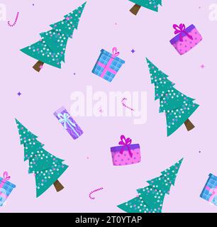 Seamless vector pattern with Christmas decorated tree, gifts and sweets on a purple background. Illustration in a flat style. Christmas and New Year. Stock Vector