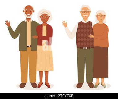 Happy two modern seniors couples standing together and smiling. Senior black-skinned couple and white-skinned couple. Modern pensioners, stylish look. Stock Vector