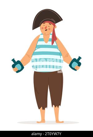 Happy pirate with two bottles of rum. A chubby drunk cabin boy on a ship. Vector character illustration in flat style. Man isolated on white backgroun Stock Vector
