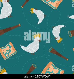 Cute parrot and pirates object vector seamless pattern. Pirate's spyglass and treasure map. Graphic print for fabrics, gift paper, cards and baby item Stock Vector