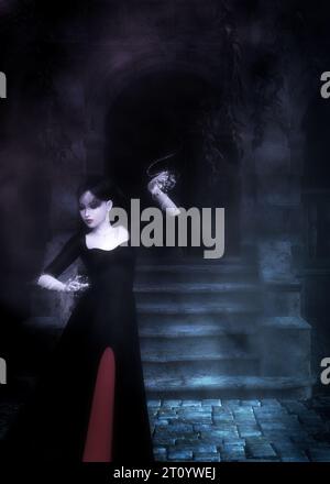 3d illustration of scary ghost woman in the dark,Horror background ...