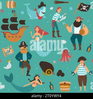 Seamless pattern on a pirate theme. Pirates, ship captain, mermaids and marine inhabitants. Pirate collection: treasure chest, map, ship, skull and cr Stock Vector