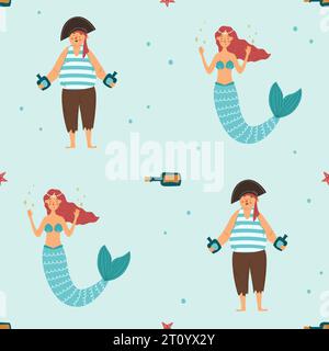Seamless pattern with cute mermaid and pirate. Vector illustration. A bottle of rum and a secret message in a bottle. Pirate collection. Graphic print Stock Vector
