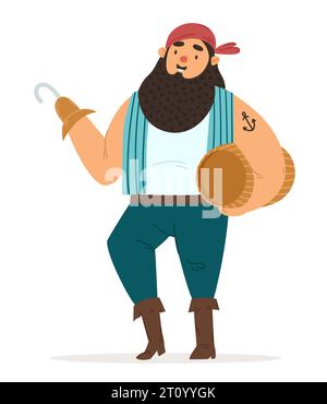 Huge happy one-armed pirate holding a barrel of rum. A chubby drunk cabin boy on a ship. Vector character illustration isolated on white background Stock Vector