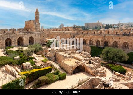 View of the archaeological finds in the courtyard and the Ottoman minaret in the Tower of David in the Old City of Jerusalem Stock Photo