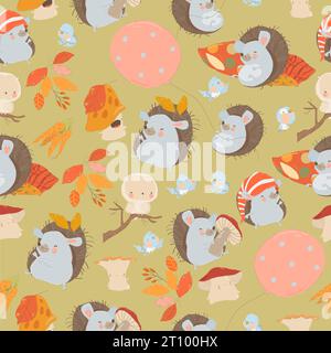 Seamless Pattern with Cute Hedgehogs, Mushrooms and Colorful Autumnal Leaves Stock Vector