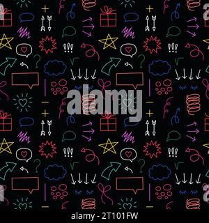 Hand drawn doodle elements seamless pattern. Dark theme. Cartoon illustrations on black background. Neon elements texture. Hand drawn Abstract shapes. Stock Vector