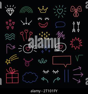 Hand drawn doodle elements set. Dark theme. Cartoon illustrations on black background. Neon elements. Hand drawn Abstract shapes. Doodles of hearts, r Stock Vector