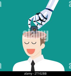 Robot hand put AI processing chip into human brain. machine learning and cyber mind domination concept. vector illustration. Stock Vector