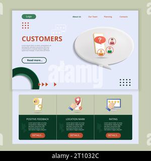 Customers flat landing page website template. Positive feedback, location mark, rating. Web banner with header, content and footer. Vector Stock Vector