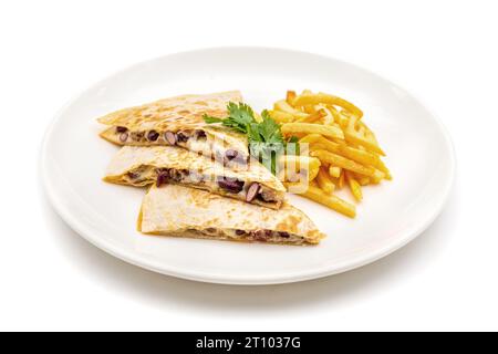 Mexican quesadilla with chicken, cheese and peppers on white background Stock Photo