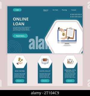 Online loan flat landing page website template. Basic income, digital wallet, personal data protection. Web banner with header, content and footer Stock Vector