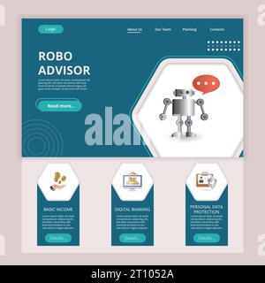 Robo advisor flat landing page website template. Basic income, digital banking, personal data protection. Web banner with header, content and footer Stock Vector