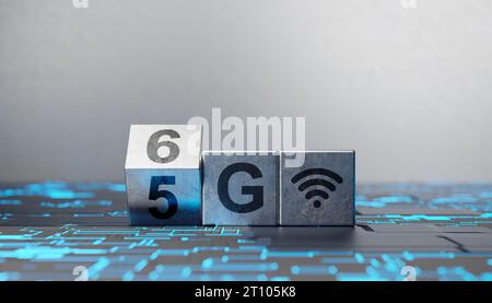 6G network wireless systems. high-speed mobile Internet, new generation networks. Business, modern technology, internet and networking concept. 3d ill Stock Photo