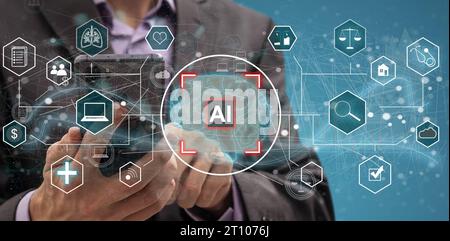 Man touching an ai concept on a touch screen with his finger Stock Photo
