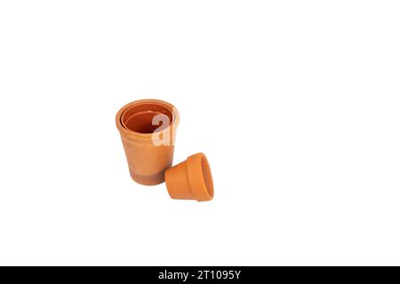 Small clay pots on white isolated background Stock Photo