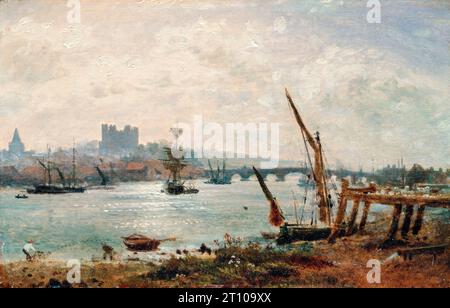 Rochester Cathedral and Castle, landscape painting in oil on artist’s board by Frederick Nash, circa 1825 Stock Photo